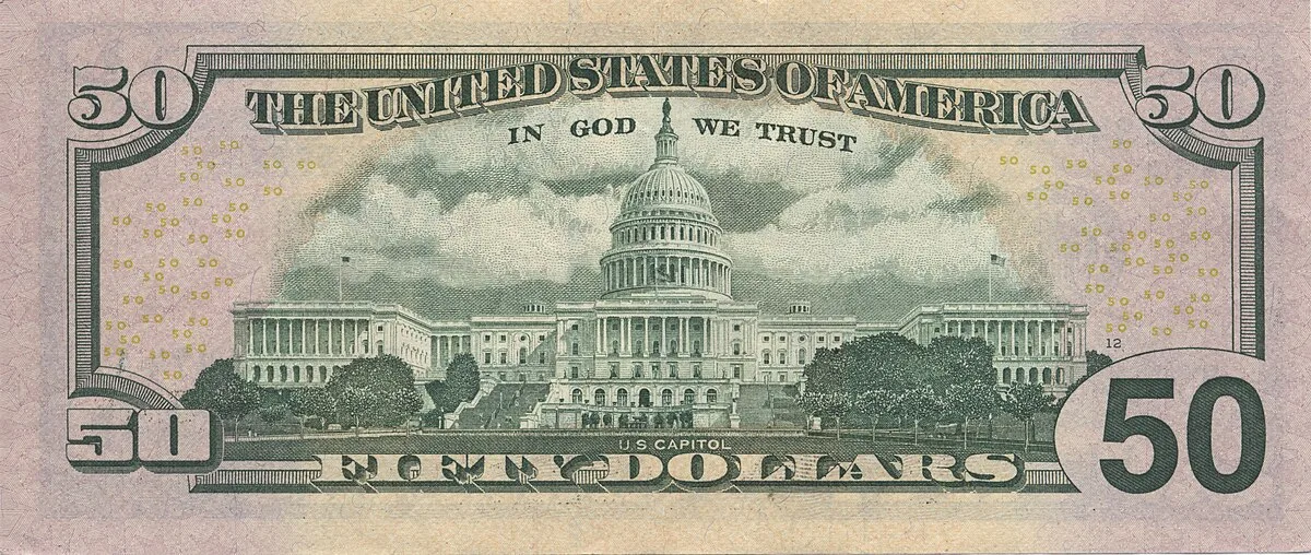 Reverse of the US 50 dollar bill showing the US Capitol
