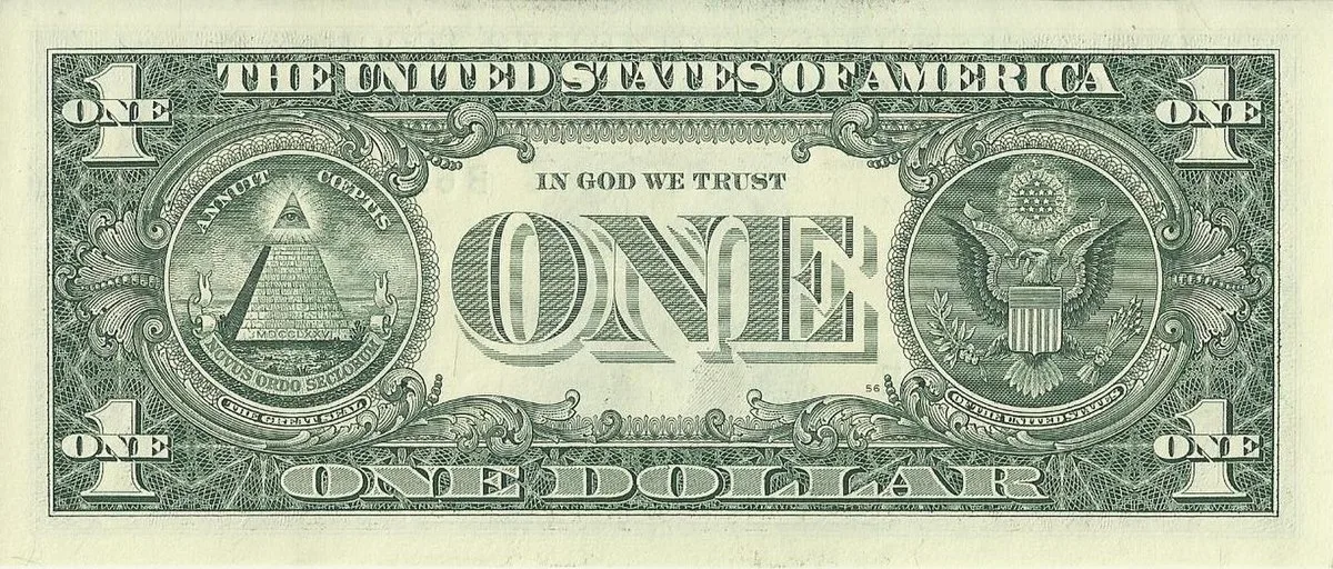 Reverse of the US 1 dollar bill showing the Great Seal of the United States