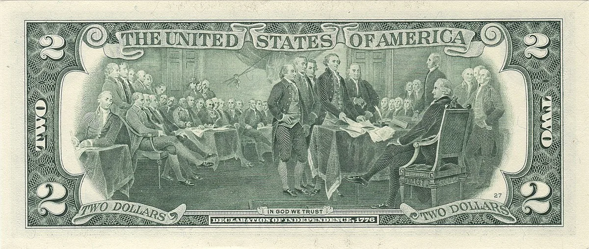 Reverse of the US 2 dollar bill showing the Declaration of Independence scene